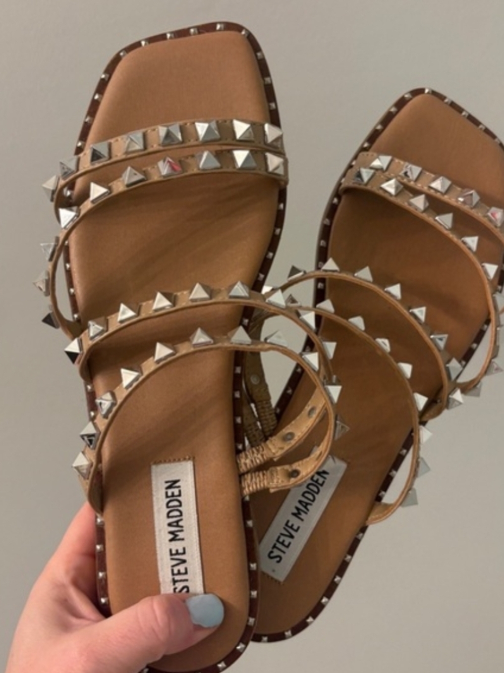 Steve Madden Tan Pyramid-Stud Flat Strappy Sandals